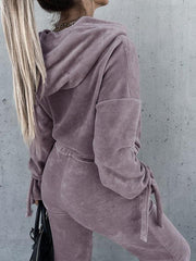 casual long-sleeved solid color hooded sweater two-piece set - 808Lush