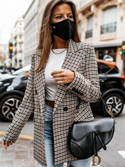 coat button plaid printed small suit women's mid-length blazer - 808Lush