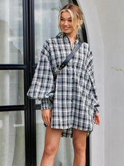 comfortable plaid lantern sleeve long sleeve shirt - 808Lush