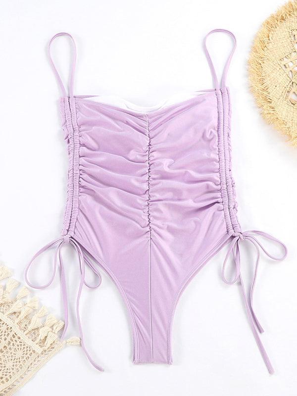 drawstring one-piece swimsuit solid color pleated sexy suspender bikini - 808Lush