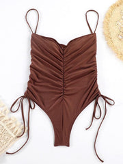 drawstring one-piece swimsuit solid color pleated sexy suspender bikini - 808Lush