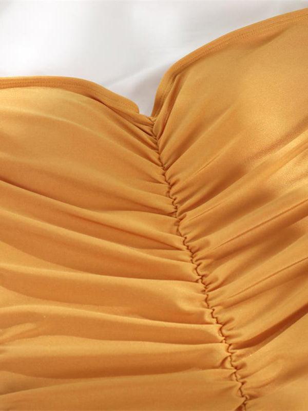 drawstring one-piece swimsuit solid color pleated sexy suspender bikini - 808Lush