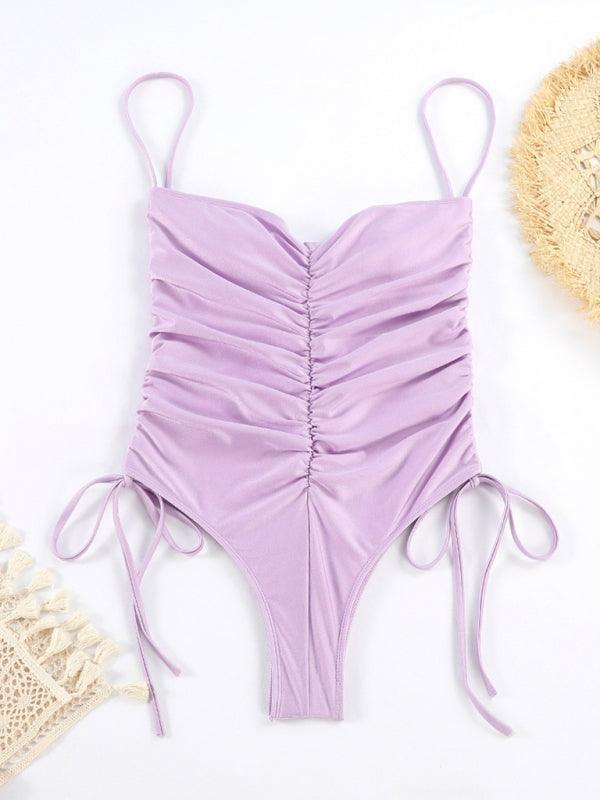 drawstring one-piece swimsuit solid color pleated sexy suspender bikini - 808Lush