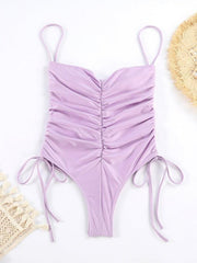 drawstring one-piece swimsuit solid color pleated sexy suspender bikini - 808Lush