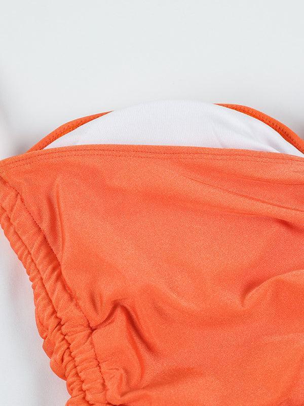 drawstring one-piece swimsuit solid color pleated sexy suspender bikini - 808Lush