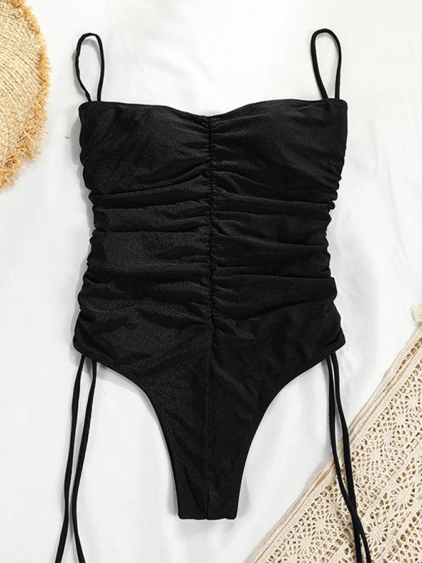 drawstring one-piece swimsuit solid color pleated sexy suspender bikini - 808Lush