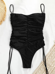 drawstring one-piece swimsuit solid color pleated sexy suspender bikini - 808Lush
