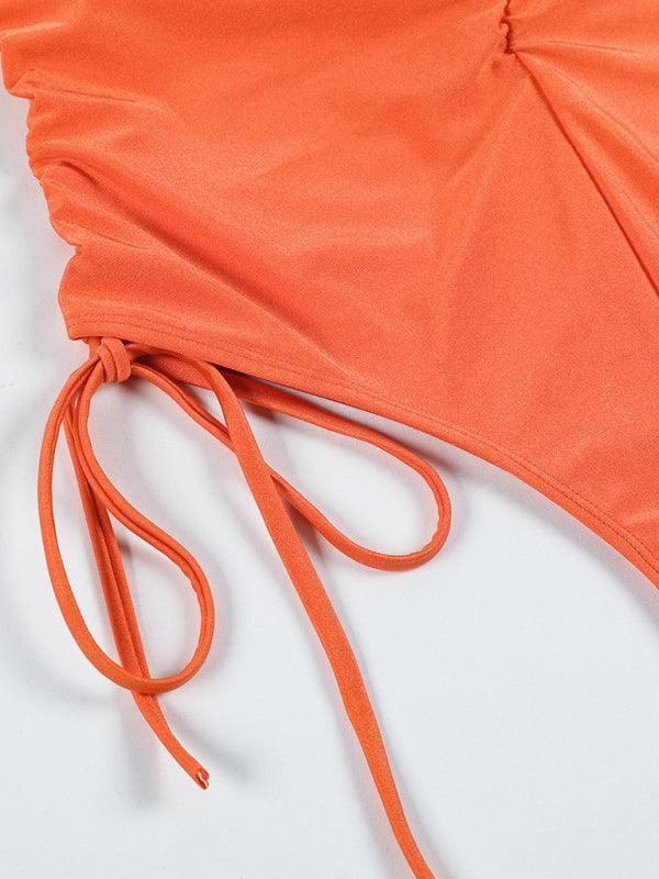 drawstring one-piece swimsuit solid color pleated sexy suspender bikini - 808Lush