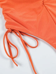 drawstring one-piece swimsuit solid color pleated sexy suspender bikini - 808Lush