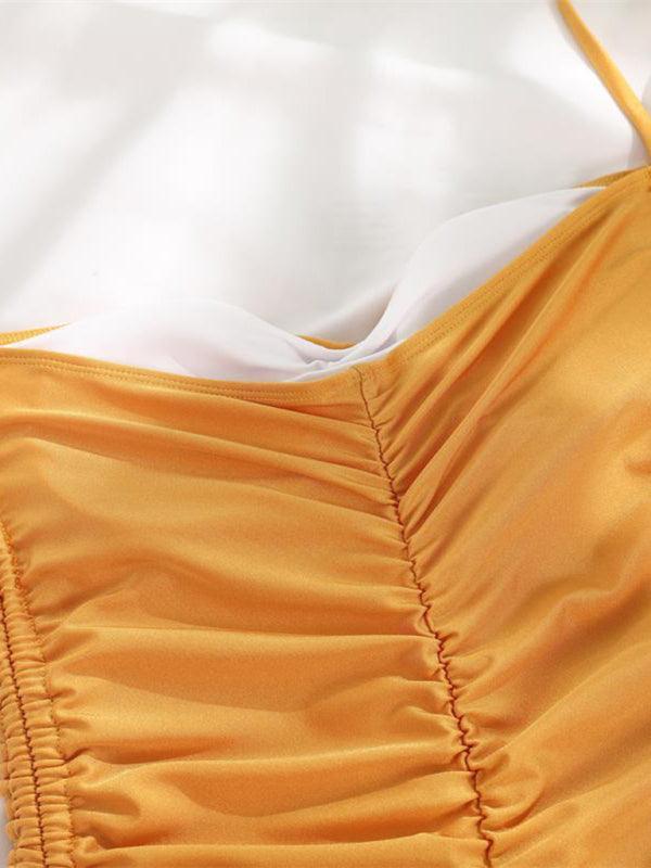 drawstring one-piece swimsuit solid color pleated sexy suspender bikini - 808Lush