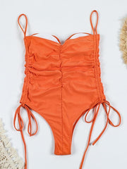 drawstring one-piece swimsuit solid color pleated sexy suspender bikini - 808Lush