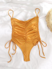 drawstring one-piece swimsuit solid color pleated sexy suspender bikini - 808Lush