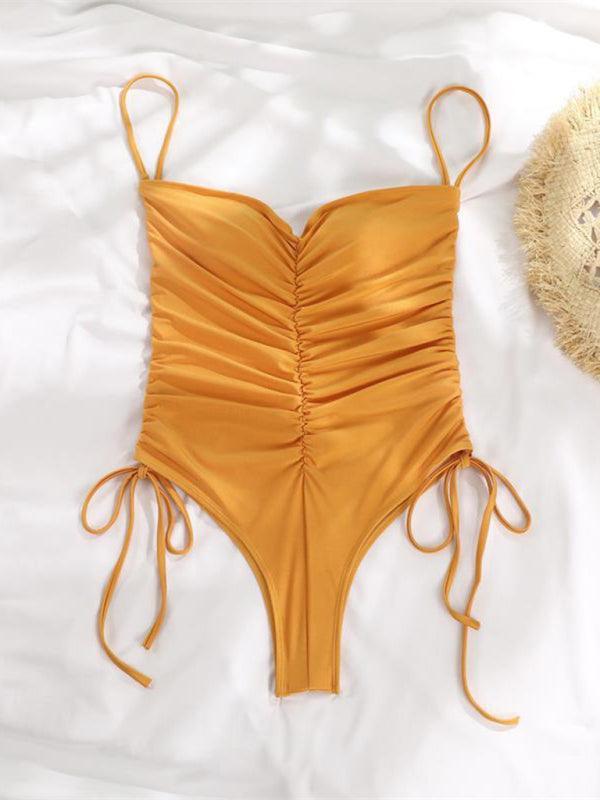 drawstring one-piece swimsuit solid color pleated sexy suspender bikini - 808Lush