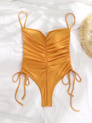 drawstring one-piece swimsuit solid color pleated sexy suspender bikini - 808Lush