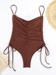drawstring one-piece swimsuit solid color pleated sexy suspender bikini - 808Lush