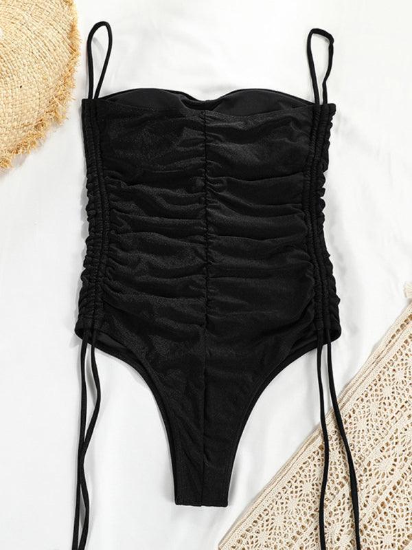 drawstring one-piece swimsuit solid color pleated sexy suspender bikini - 808Lush
