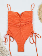 drawstring one-piece swimsuit solid color pleated sexy suspender bikini - 808Lush