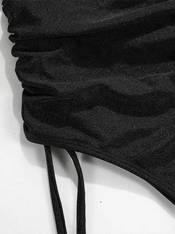 drawstring one-piece swimsuit solid color pleated sexy suspender bikini - 808Lush