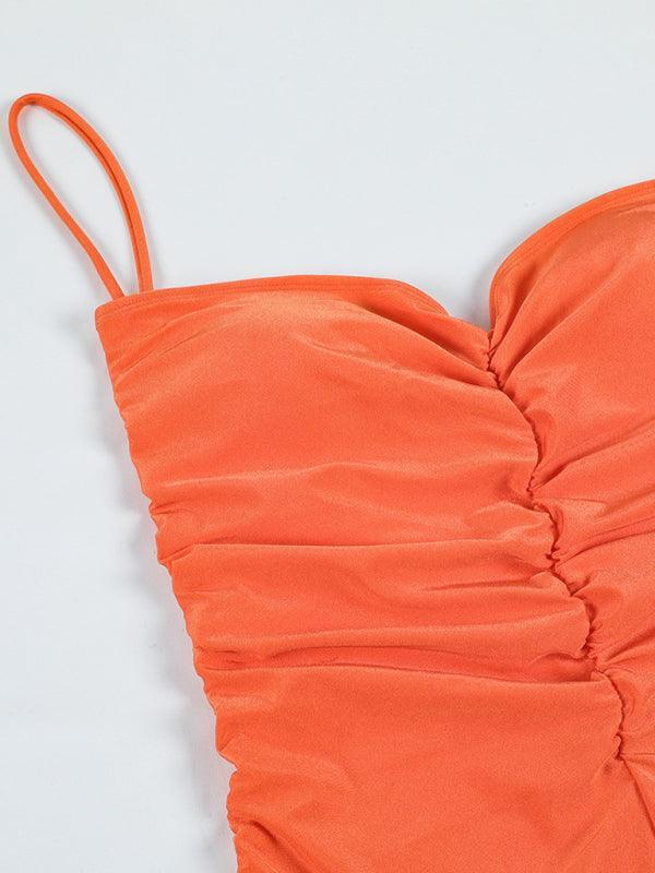 drawstring one-piece swimsuit solid color pleated sexy suspender bikini - 808Lush