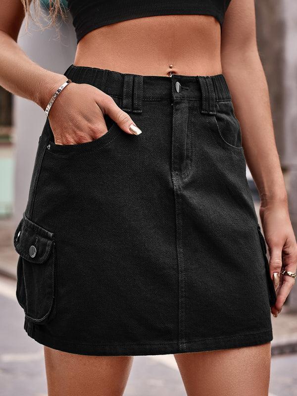 elastic waist denim work casual skirt - 808Lush