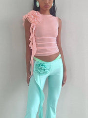 fashion round neck three-dimensional flower see-through mesh slim fit T-shirt - 808Lush