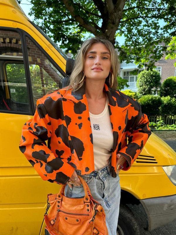 milk pattern printed long-sleeved short leather jacket - 808Lush