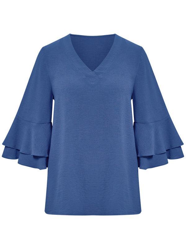 loose V-neck lotus leaf sleeve top women's clothing - 808Lush