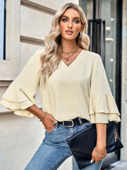 loose V-neck lotus leaf sleeve top women's clothing - 808Lush