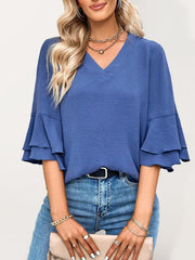 loose V-neck lotus leaf sleeve top women's clothing - 808Lush