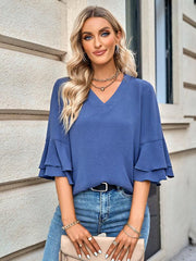 loose V-neck lotus leaf sleeve top women's clothing - 808Lush