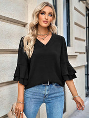 loose V-neck lotus leaf sleeve top women's clothing - 808Lush