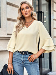 loose V-neck lotus leaf sleeve top women's clothing - 808Lush