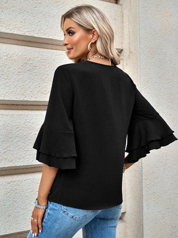 loose V-neck lotus leaf sleeve top women's clothing - 808Lush