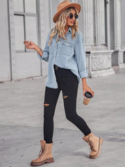 light-colored thin denim long-sleeved shirt for women - 808Lush
