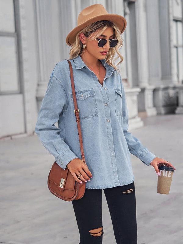 light-colored thin denim long-sleeved shirt for women - 808Lush