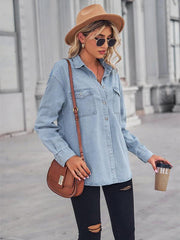 light-colored thin denim long-sleeved shirt for women - 808Lush