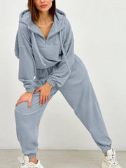 long sleeve hooded zipper women's trousers suit two piece set - 808Lush