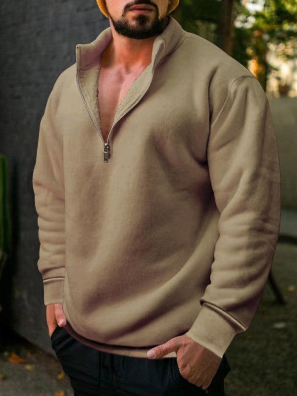 men's fleece stand collar loose casual half zipper hoodie - 808Lush
