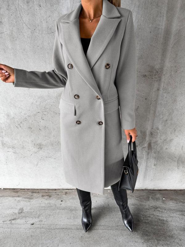 mid-length elegant women's long-sleeved double-breasted pockets - 808Lush