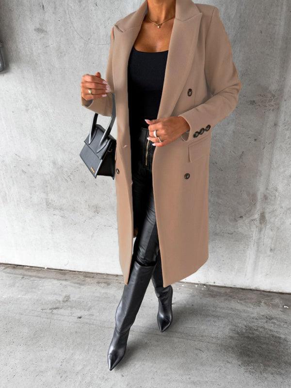 mid-length elegant women's long-sleeved double-breasted pockets - 808Lush