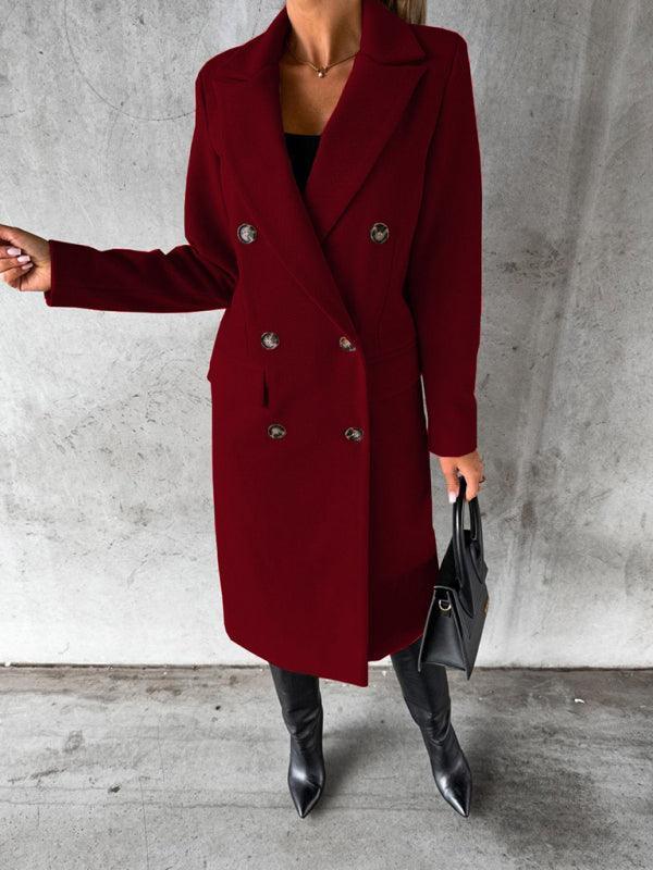 mid-length elegant women's long-sleeved double-breasted pockets - 808Lush