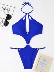 one-piece multicolor hollow sexy pearl chain halter neck swimsuit - 808Lush