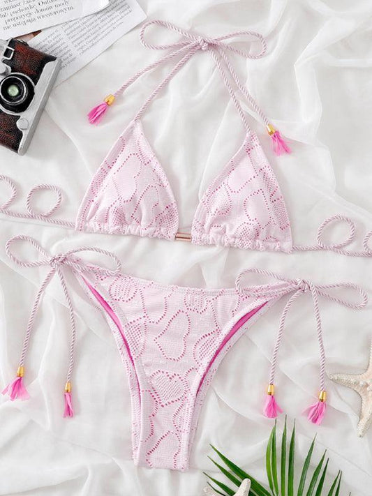 plain tassel split beach swimsuit set bikini - 808Lush