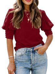 round neck solid color button loose top T-shirt shirt - 808Lush