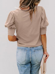 round neck solid color button loose top T-shirt shirt - 808Lush