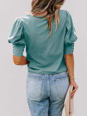 round neck solid color button loose top T-shirt shirt - 808Lush