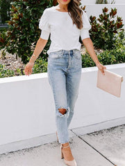 round neck solid color button loose top T-shirt shirt - 808Lush