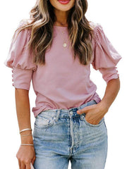 round neck solid color button loose top T-shirt shirt - 808Lush