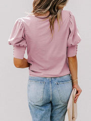 round neck solid color button loose top T-shirt shirt - 808Lush