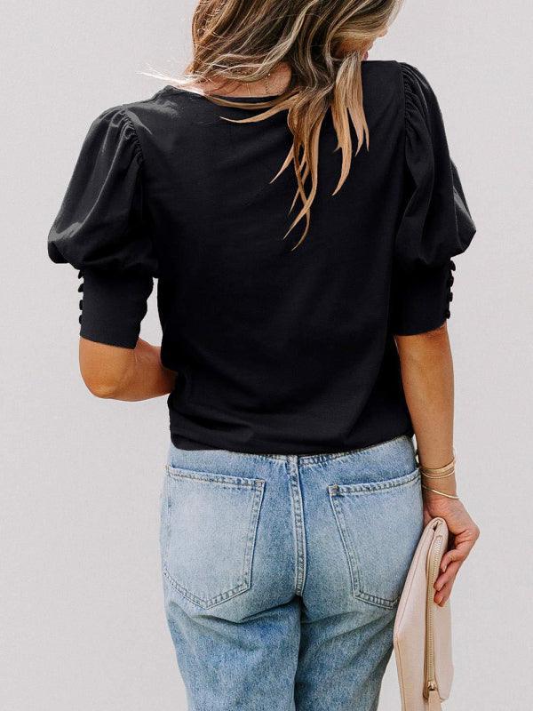 round neck solid color button loose top T-shirt shirt - 808Lush
